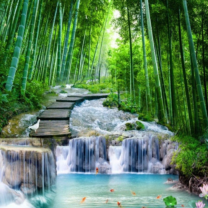 3D зелен бамбуков горски мост, течаща вода, пейзажен фон, пано, cm, зелен дизайн HD тапет за телефон