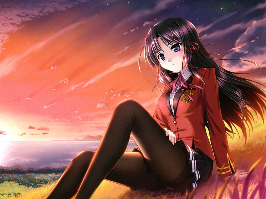 Kuze Kiriha, anime, nuages, ciel, herbe, cheveux longs, coucher de soleil Fond d'écran HD