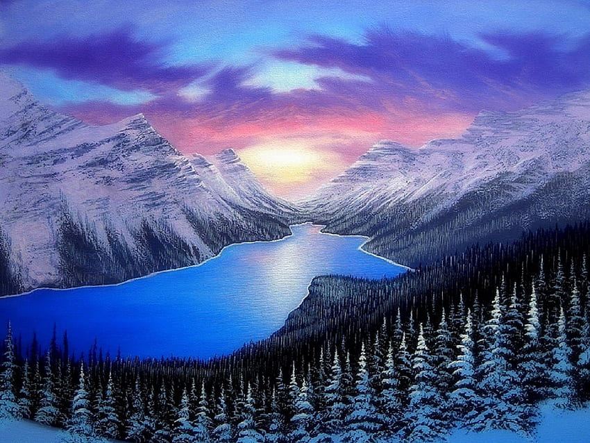 ★Blue Lake Winter★, blue, winter, attractions in dreams, paintings, landscapes, love four seasons, scenery, snow, christmas, cool, trees, nature, xmas and new year, sky, mountains, rivers HD wallpaper