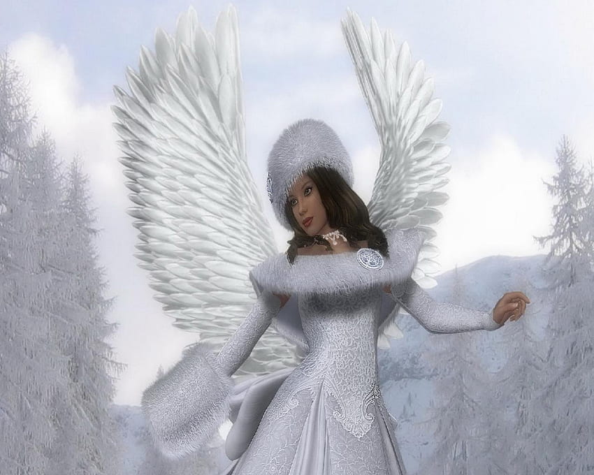 Snow Angel, muff, white dress, snow, trees, hat HD wallpaper