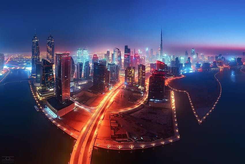 Man Made Dubai Cities United Arab Emirates Night Light City HD wallpaper