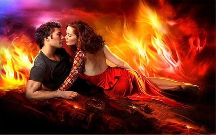 Pasangan romantis pasangan tampan cinta panas nyala api anak laki-laki dan perempuan dalam gaun merah cinta untuk whatsapp viber faceboock twitter, Flame of Love Wallpaper HD