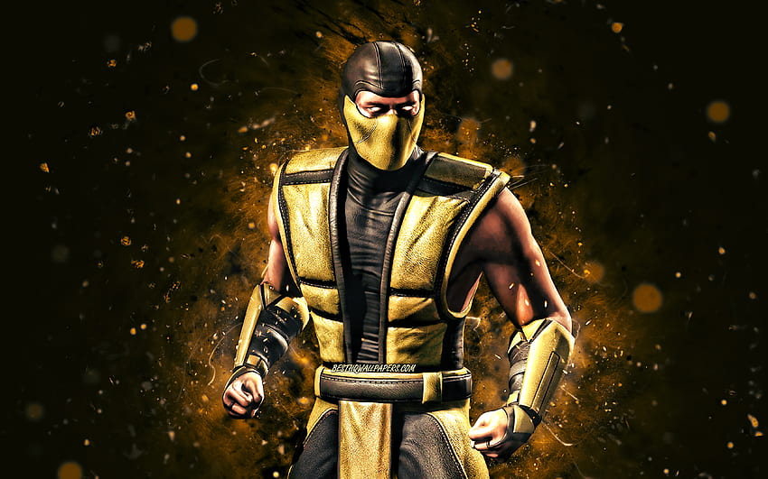 Classic Scorpion, luci al neon gialle, Mortal Kombat Mobile, giochi di combattimento, MK Mobile, creativo, Mortal Kombat, Classic Scorpion Mortal Kombat Sfondo HD