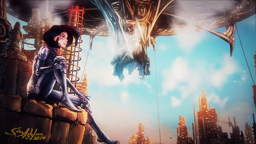 alita battle angel alita sitting on side with background of blue sky clouds and buildings movies HD wallpaper