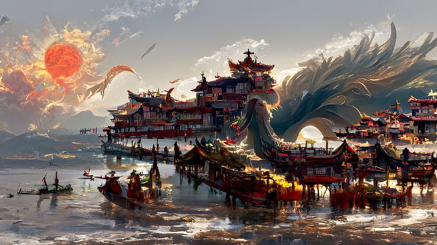 Ciudad antigua de China, dragón, fantasía, arte. fondo de pantalla