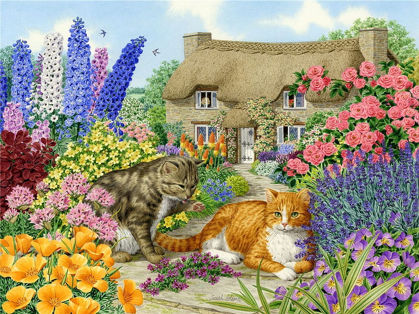 Spring Cottage Котки, цветни, цветя, цветя, къща HD тапет