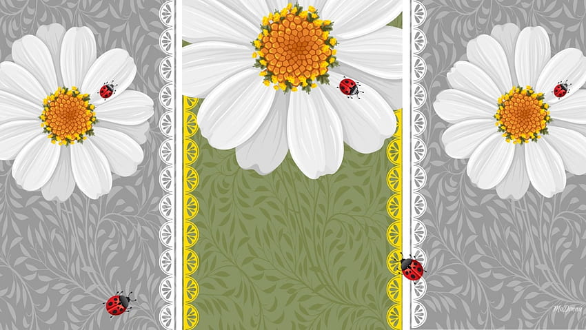 Chamomile Ladybugs, ladybugs, wild flowers, tiles, lady bugs, chamomile, lace, spring, daisies, summer HD wallpaper