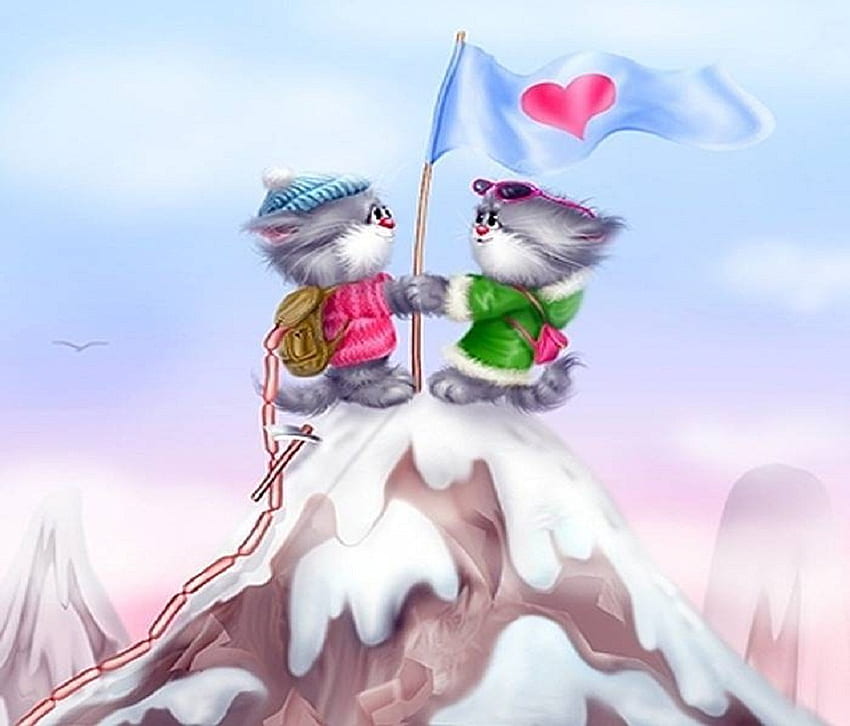 Cartoon Cats, blue, winter, white, cartoon, cat, flag, mountain, pink, love, snow, green, clouds, sky, heart HD wallpaper