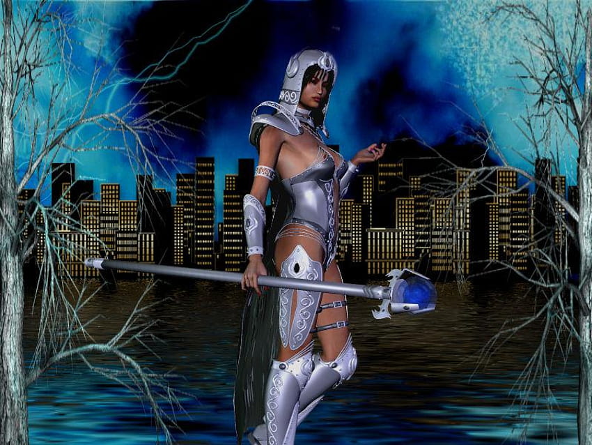 Warrior Woman in the City, staff, city, trees, woman, warrior HD wallpaper