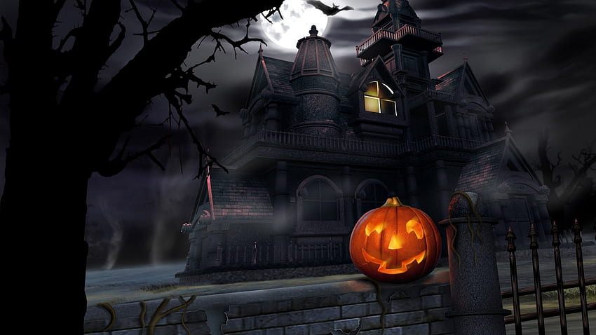 halloween, pumpkin, lantern, house, darkness, gloom HD wallpaper
