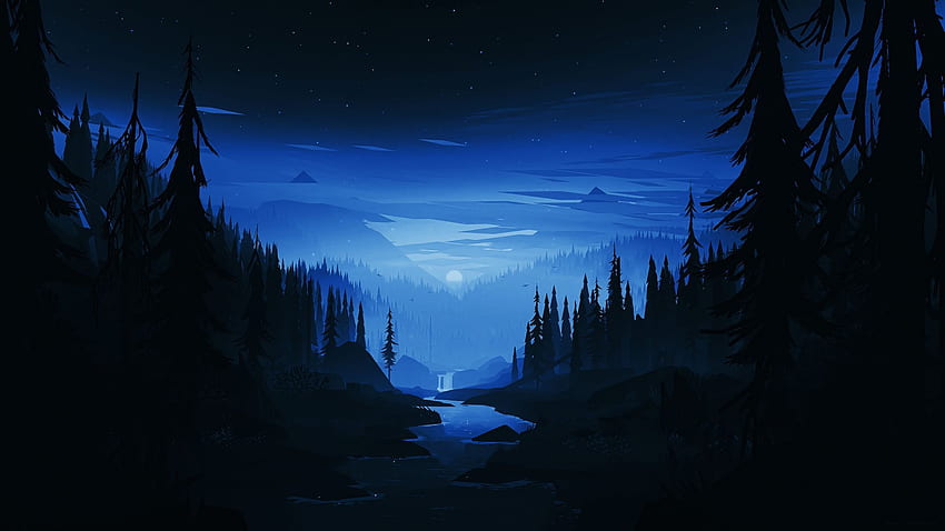 тъмна нощ, река, гора, минимално, изкуство, , фон, 95afc8, Минималистична гора Залез HD тапет