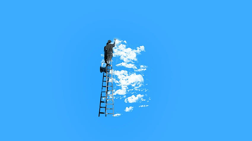 The painter of clouds, blue, white, situation, minimalism, vector, funny, painter, cloud HD wallpaper