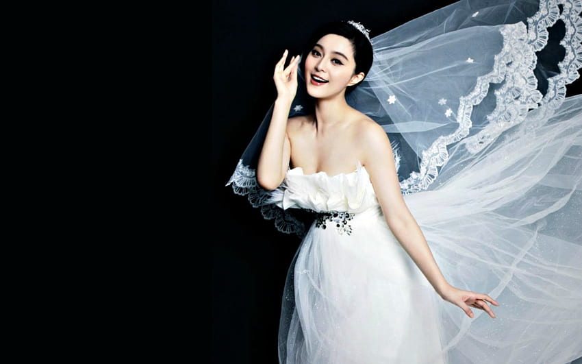 Fan Bingbing, white, black, model, smile, veil, girl, dress, beauty, woman, happy, bride HD wallpaper