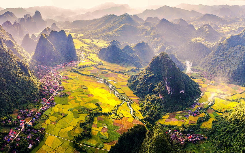 village, vietnam, mountains, aerial, Vietnam Landscape HD wallpaper