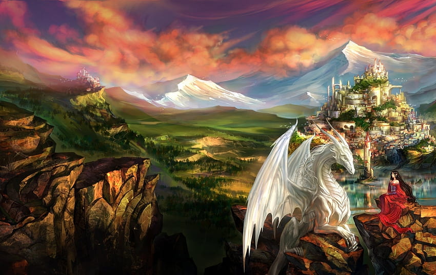 風景, ファンタジー, 山, ロック, ドラゴン, プリンセス 高画質の壁紙