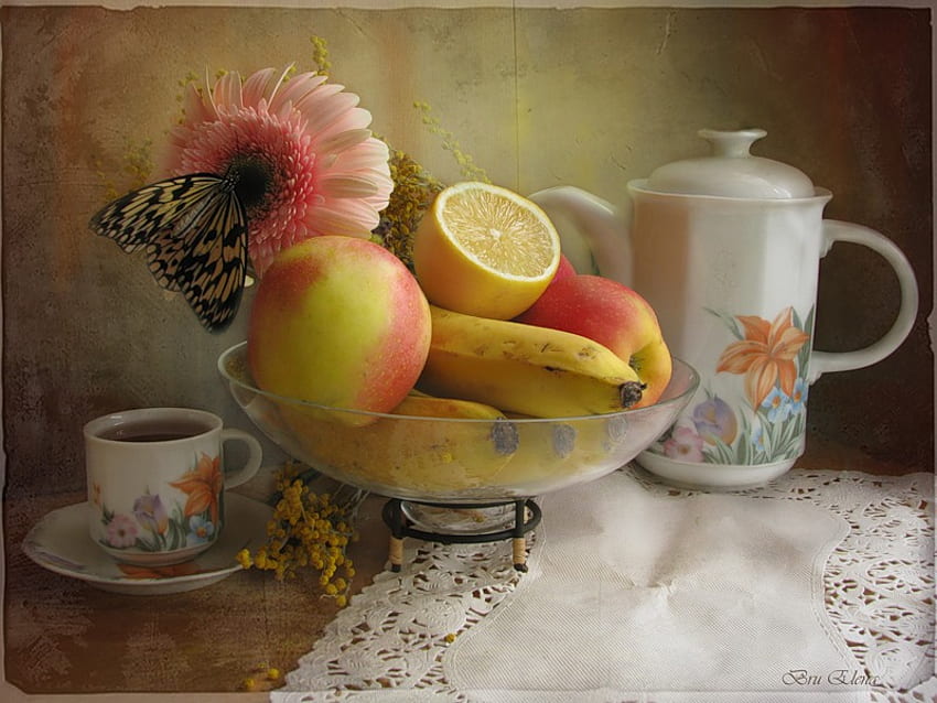 Fruitbowl, nectar, tea, coffepot, floral, butterfly, canister, flower, lemon, fruit, saucer, teapot, table cloth, beautiful, cup, bananas, still life, apple, bowl, gerbera HD wallpaper