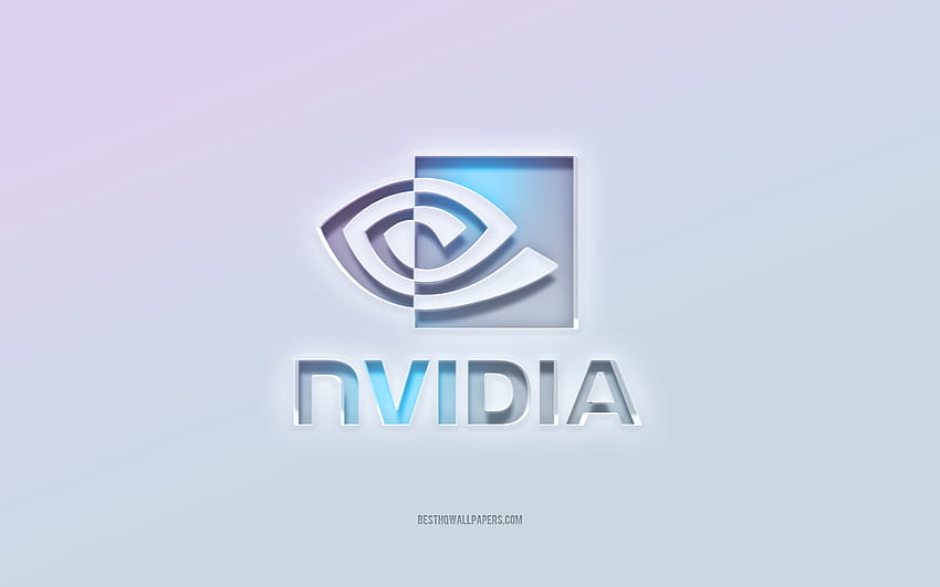Лого на Nvidia, изрязан 3d текст, бял фон, лого на Nvidia 3d, емблема на Nvidia, Nvidia, релефно лого, емблема на Nvidia 3d HD тапет