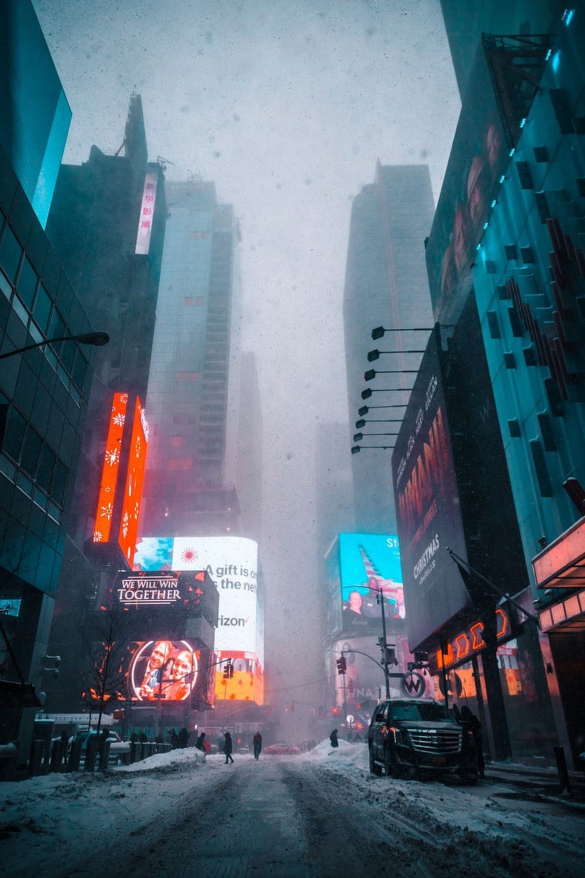 ニューヨーク市の冬、タイムズ スクエアの雪 HD電話の壁紙