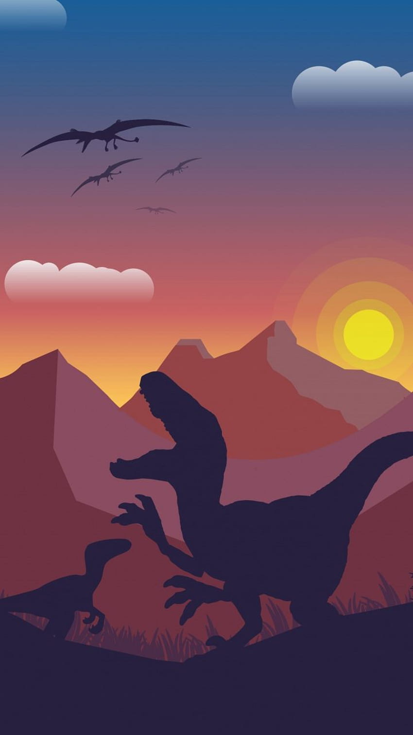Dinosaurier, Berge, digitale Kunst, . Jurassic World, Dinosaurier, Dinosaurier-Hintergrund, minimalistischer Jurassic Park HD-Handy-Hintergrundbild