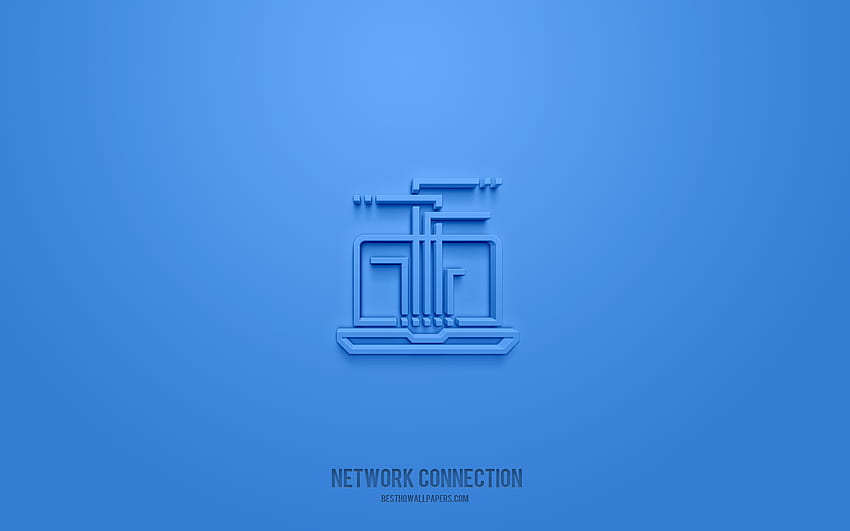 Ağ bağlantısı 3d simgesi, mavi arka plan, 3d semboller, Ağ bağlantısı, teknoloji simgeleri, 3d simgeler, Ağ bağlantısı işareti, teknoloji 3d simgeler HD duvar kağıdı