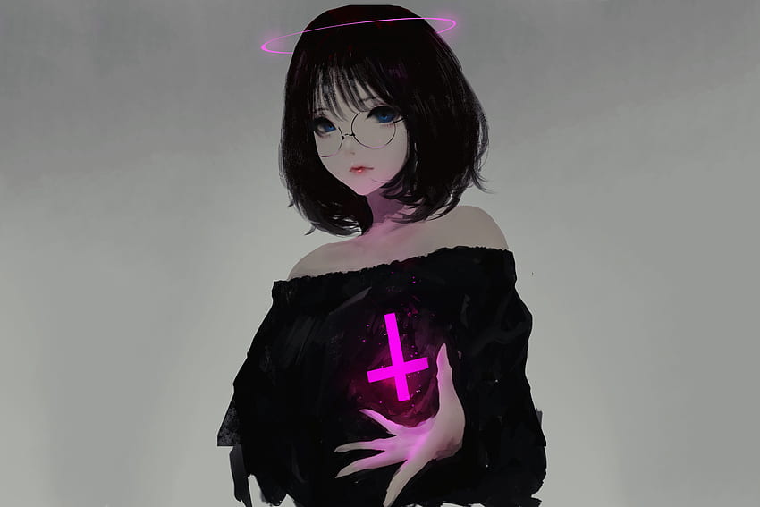 Anime girl, original, personagem, vestido preto, óculos papel de parede HD