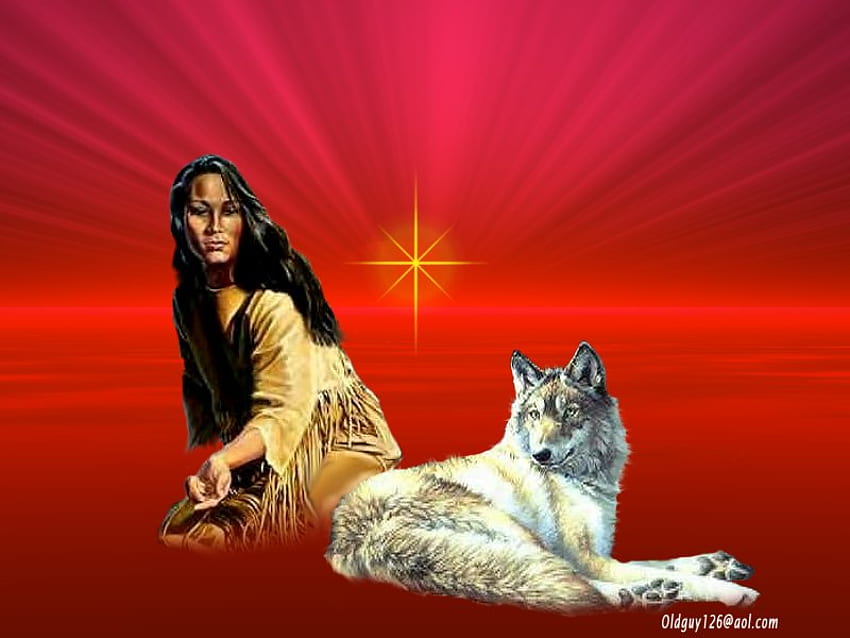 Girl with Wolf, american native, painted, art, girl, wolf HD wallpaper
