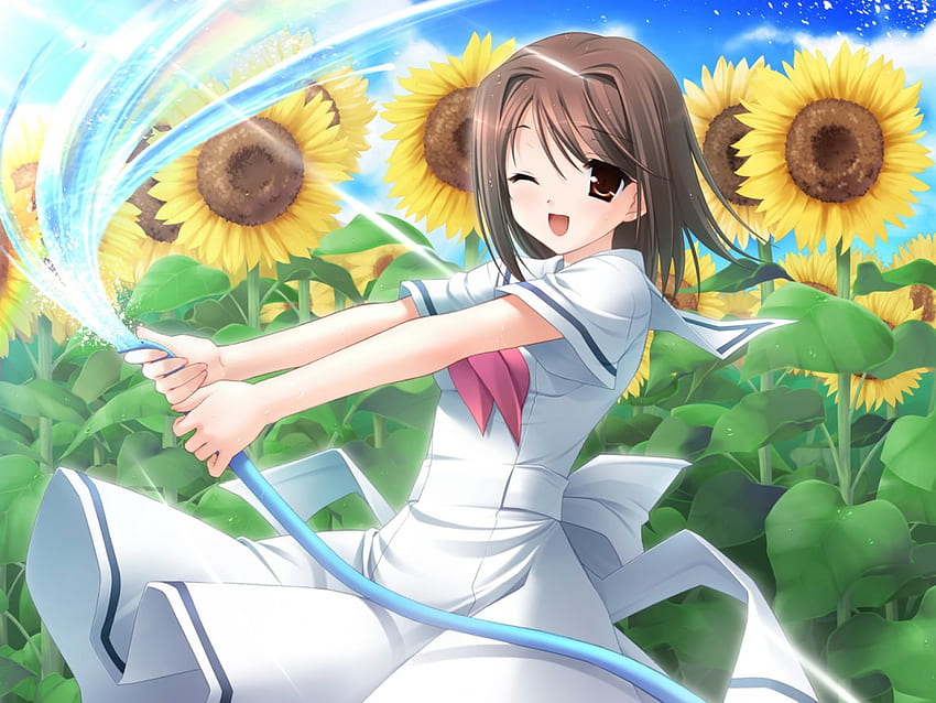 Jouer avec de l'eau, anime girl, anime, mignon, fleurs, eau, soleil Fond d'écran HD