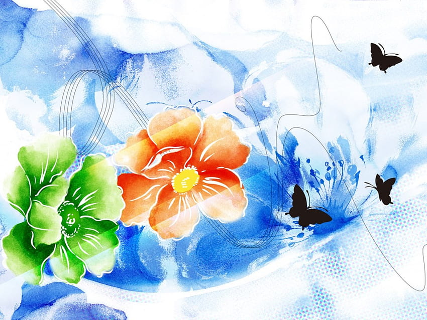 Blue Sky Flowers, синьо небе, цветя, пеперуда HD тапет