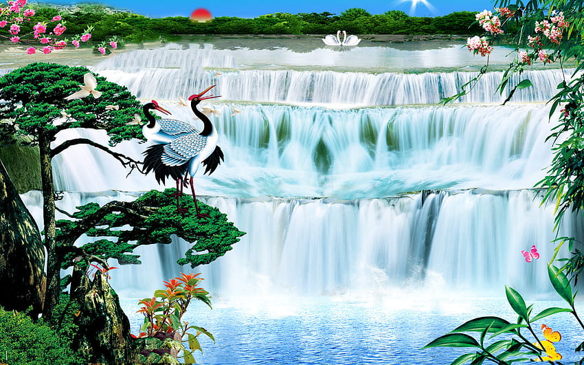 cascade, nature, fleurs, eau Fond d'écran HD