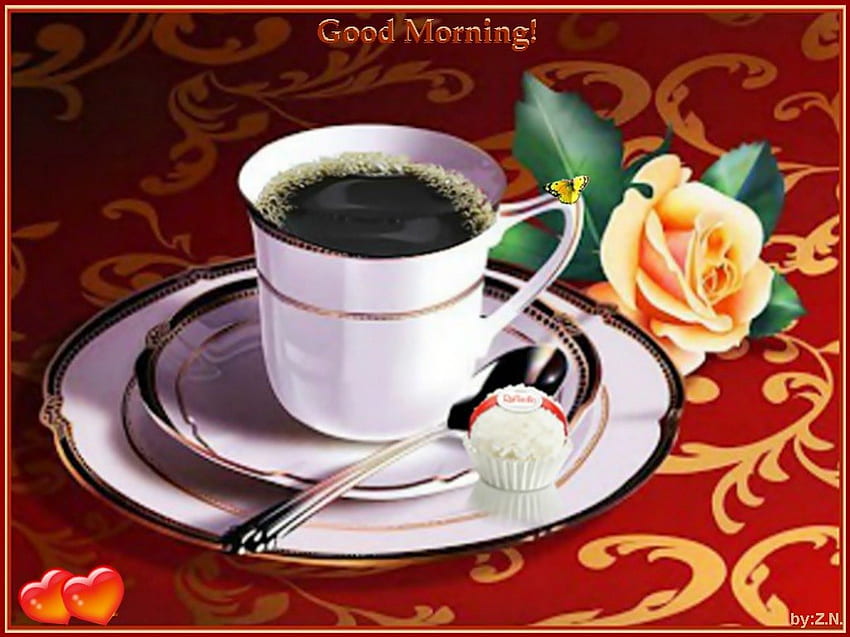 Buongiorno, rosa, caffè, mattina, caramelle Sfondo HD