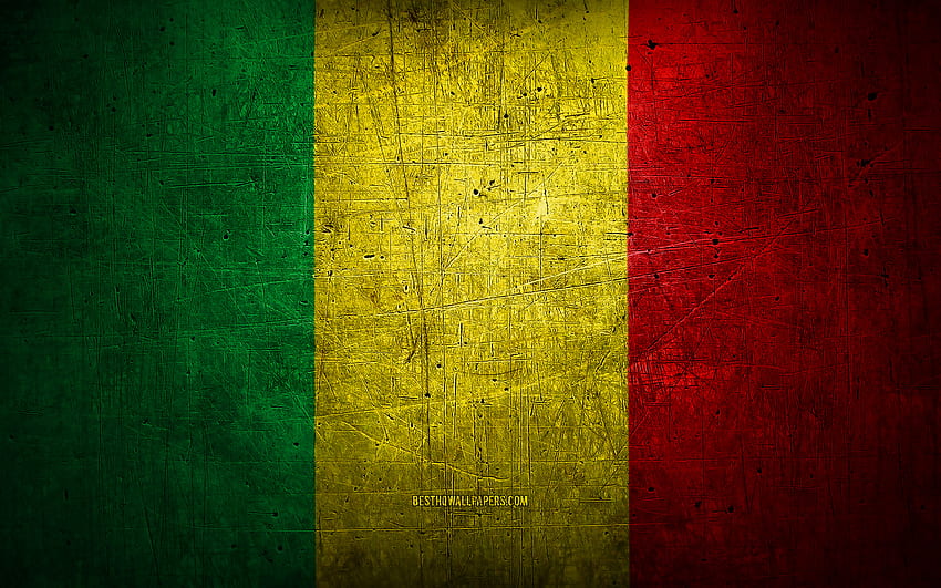 Mali metal flag, grunge art, African countries, Day of Mali, national symbols, Mali flag, metal flags, Flag of Mali, Africa, Mali HD wallpaper