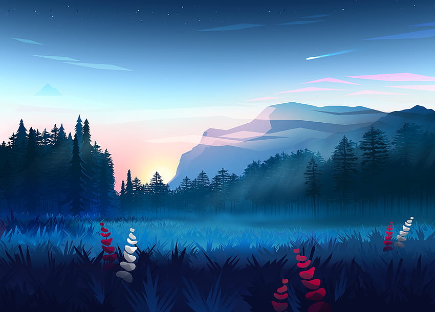 Césped, prado, bosque, montañas, arte. fondo de pantalla