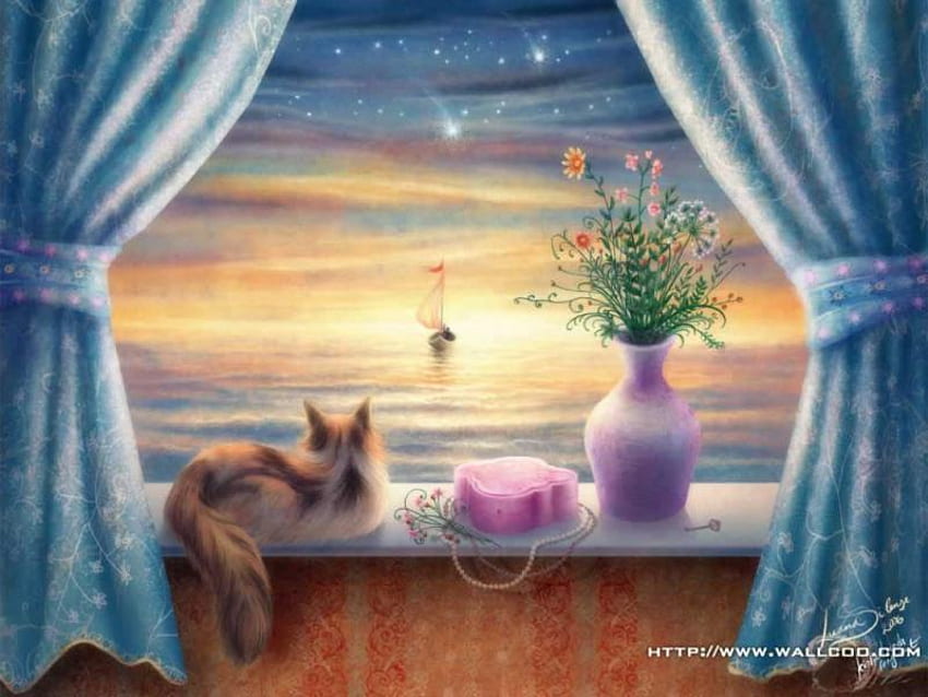 Ver a través de la ventana, cortinas, bote, descanso, florero, gato, flores, alféizar, puesta de sol fondo de pantalla