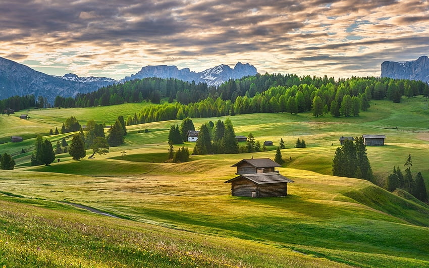 Dolomites, Italy, barns, clouds, trees, Dolomites, Italy, mountains HD wallpaper