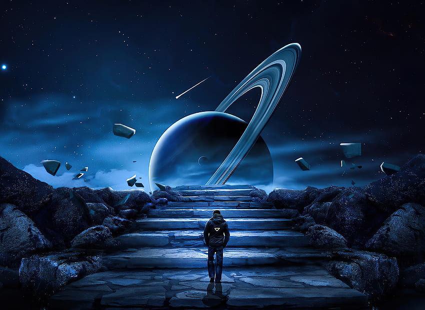 Misja na Saturnie, schody, spacer, fantasy, grafika Tapeta HD