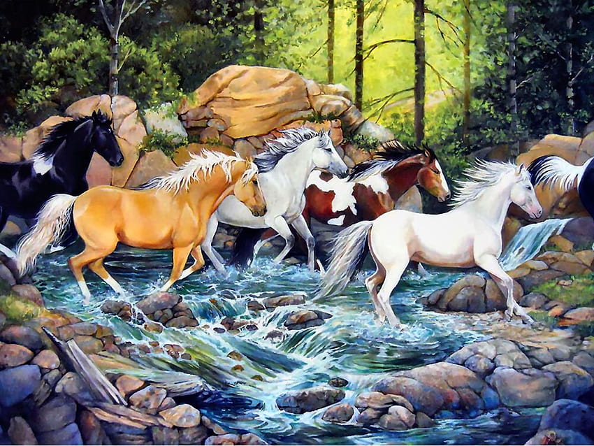 Horse Crossing, 動物, 馬, アート, 美しい, イラスト, 芸術作品, ワイドスクリーン, 絵, ウマ 高画質の壁紙