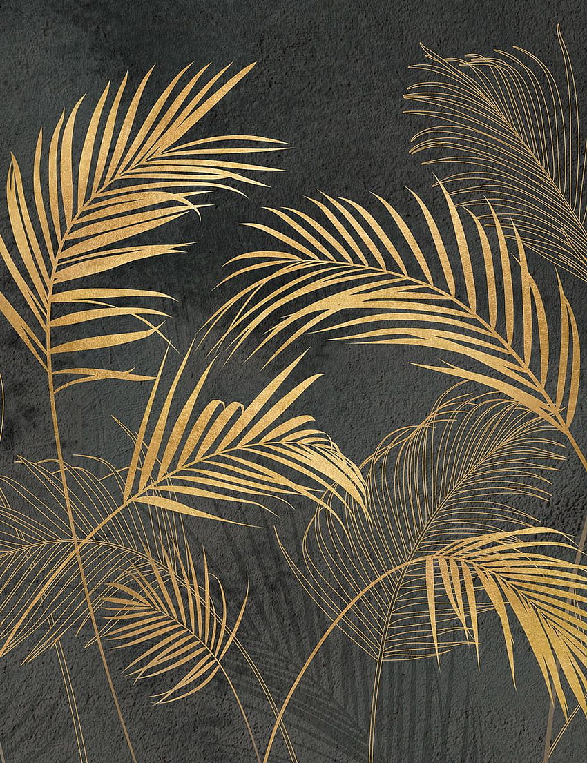 Foto złote liście palmowe. Wystrój malarstwa ściennego, projekty farb ściennych, sztuka ścienna, złoty liść palmowy Tapeta na telefon HD