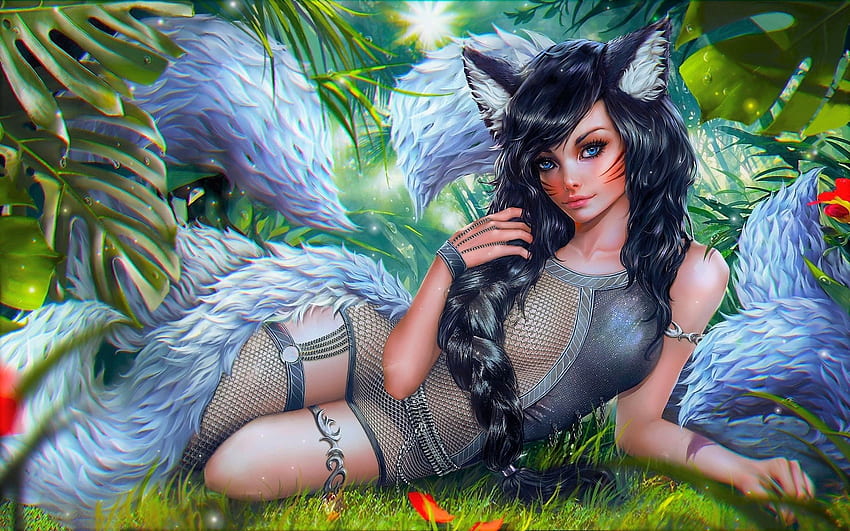 Fantasy Cat girl, Cat, girl, art, Fantasy fondo de pantalla