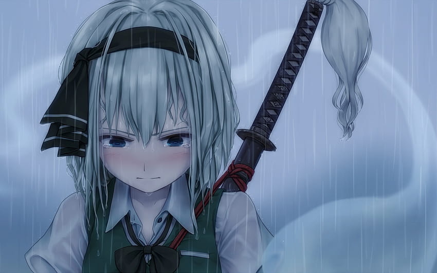 Rain, Youmu Konpaku, Touhou, Anime Girl, Katana, , , Background, 080a8d HD wallpaper