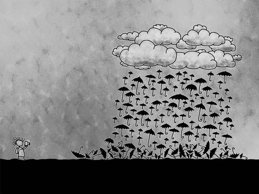 CURIOS, umbrellas, abstract, rain, bw, sky, kreative, cloud HD wallpaper