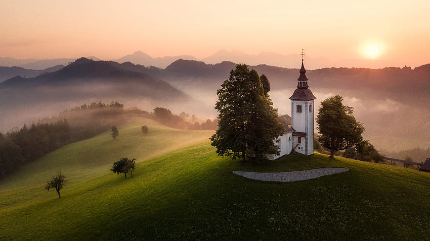 Church Trees Greenery Mountain Hill Slope With Fog Forest During Sunrise Nature HD wallpaper