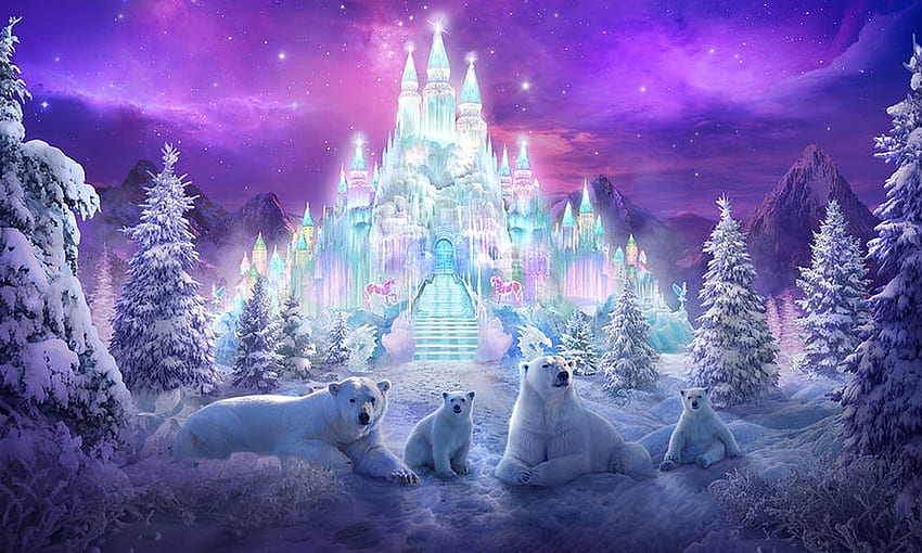 Fantasy Crystal Castle, winter, crystal, pine trees, magical, polar bears, ice palace, Fantasy, enchanting HD wallpaper