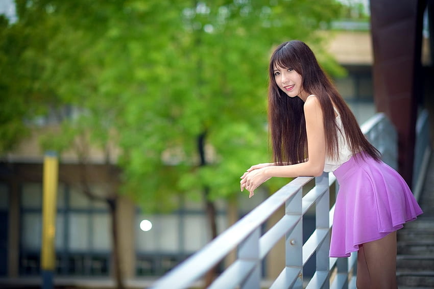 Cute Asian Model Violet Mini Skirt Leaning Brunette White Top Trees Long Hair Balcony