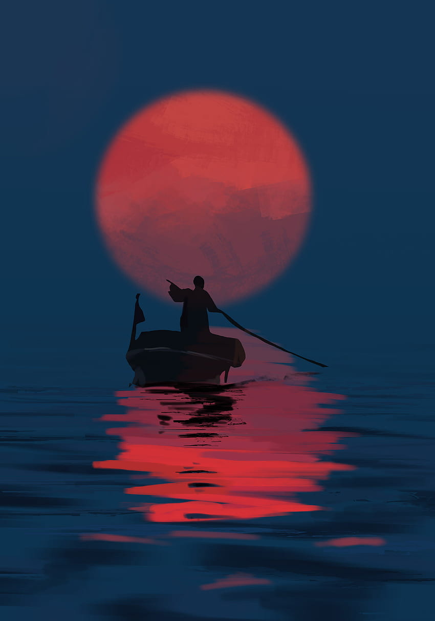 Sunset, Art, Sun, Silhouette, Boat, Traveller, Traveler HD phone wallpaper