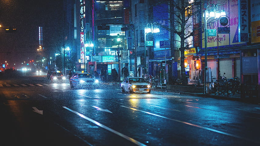 Япония дацун Дъждовна улица Нощни градове HD тапет