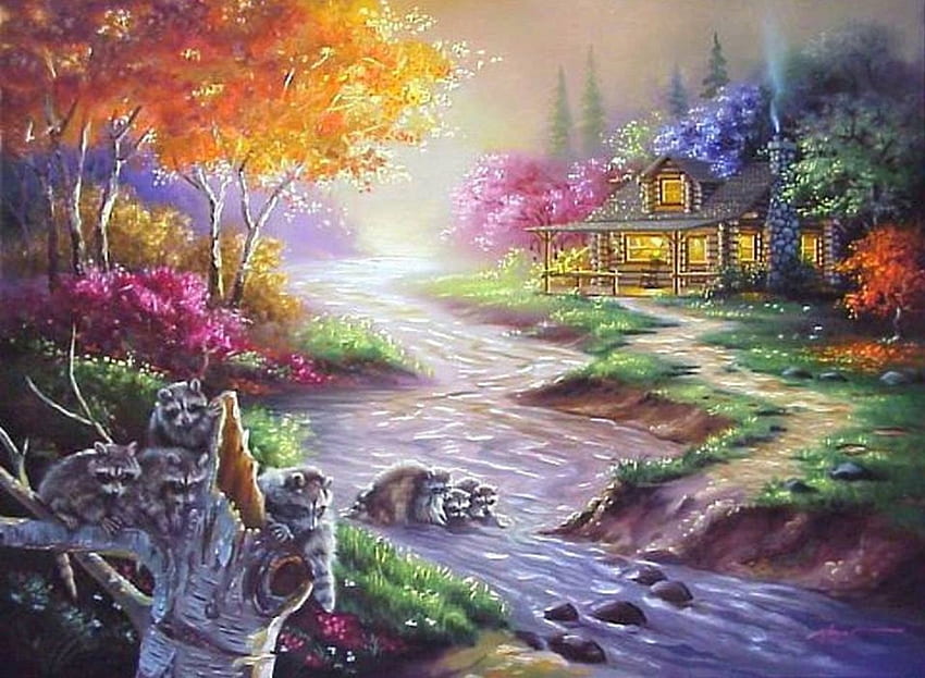 Raccoons Cabin, colors, paintings, beautiful, spring, streams, love four seasons, raccoons, cabins, trees, nature, flowers, lovely HD wallpaper