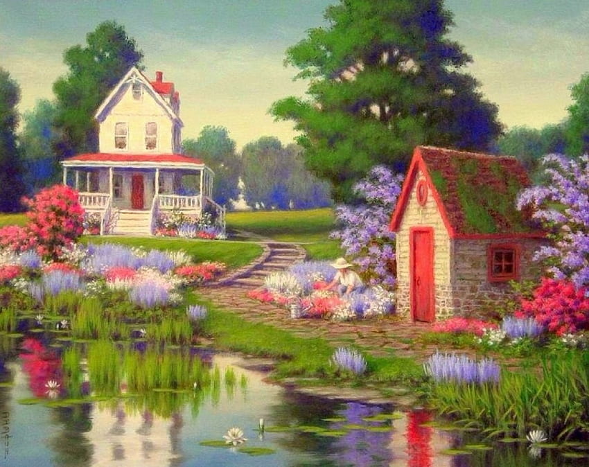 Enchanting Homestead, attractions in dreams, paintings, houses, gardens, summer, love four seasons, flowers, pond, home HD wallpaper