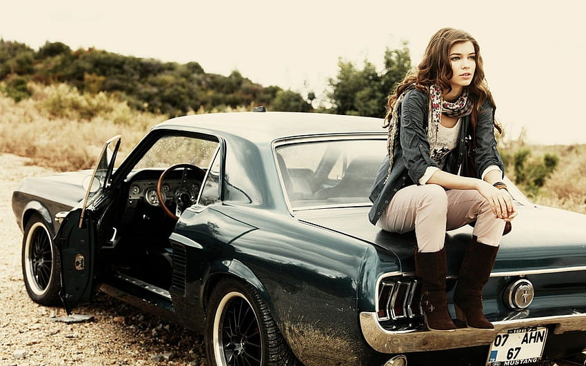 Girl on a classic Ford Mustang, Old Ford Mustang HD wallpaper