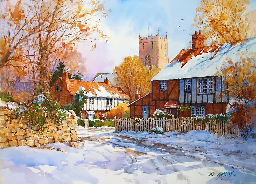 Desember di desa, musim dingin, warna, tenang, ketenangan, bagus, musim, lukisan, salju, pohon, desembes, embun beku, beku, rumah, indah, kabin, cantik, dingin, ranting, pondok, menyenangkan, ketenangan, Es, Desa , pedesaan Wallpaper HD