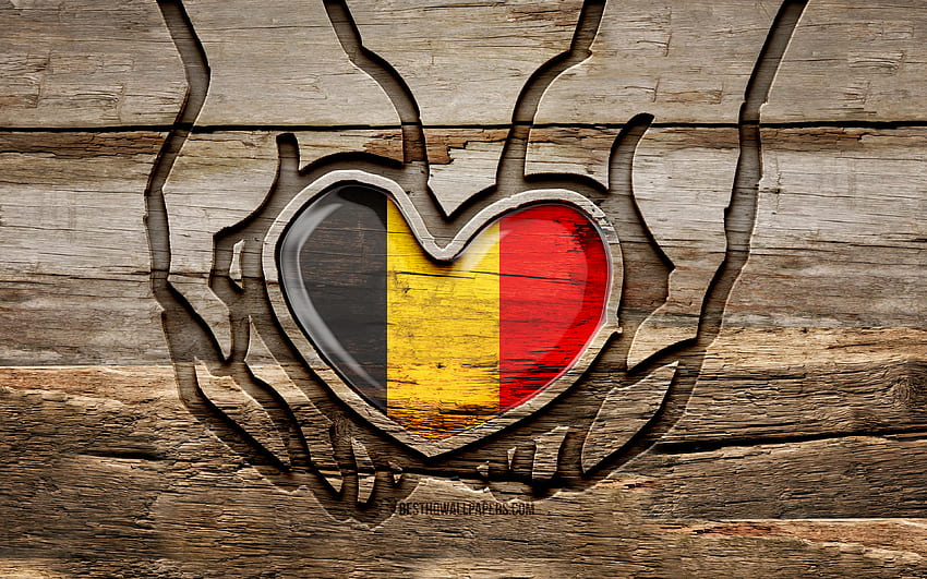 Kocham Belgię, drewniane rzeźbione ręce, Dzień Belgii, Flaga Belgii, kreatywny, Flaga Belgii, Flaga Belgii, Flaga Belgii w ręku, Uważaj na Belgię, rzeźbienie w drewnie, Europa, Belgia Tapeta HD